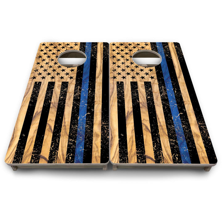Light Wood Blue Line Flag - Mini or Vacation Size Cornhole Boards