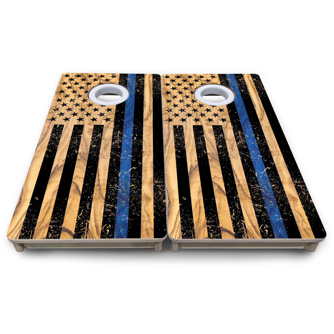Light Wood Blue Line Flag - Mini or Vacation Size Cornhole Boards