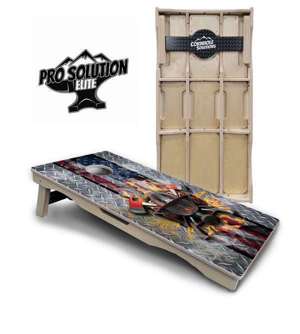 Pro Solution Elite - Fire Fighter - Professional Tournament Cornhole Boards 3/4" Baltic Birch - Zero Bounce Zero Movement Vertical Interlocking Braces for Extra Weight & Stability +Double Thick Legs +Airmail Blocker