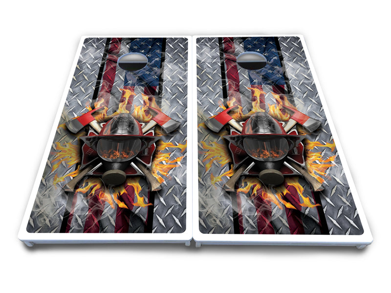 Waterproof - Firefighter Design - All Weather Boards "Outdoor Solution" 18mm(3/4")Direct UV Printed - Regulation 2' by 4' Cornhole Boards (Set of 2 Boards) Double Thick Legs, with Leg Brace & Dual Support Braces!