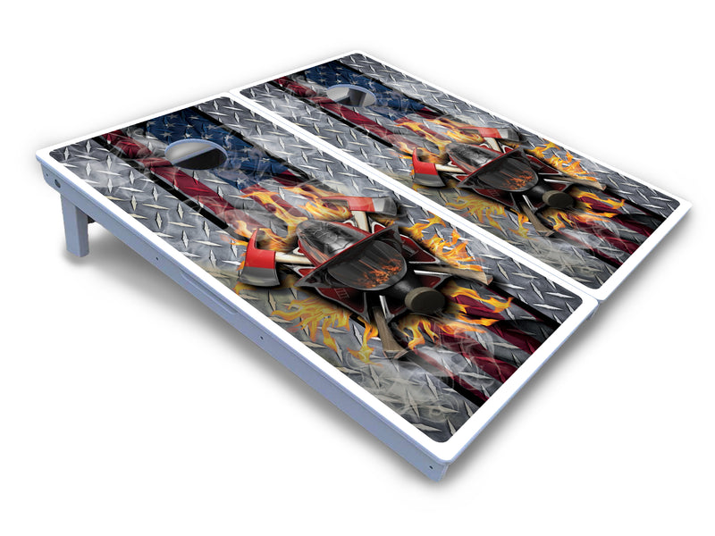 Waterproof - Firefighter Design - All Weather Boards "Outdoor Solution" 18mm(3/4")Direct UV Printed - Regulation 2' by 4' Cornhole Boards (Set of 2 Boards) Double Thick Legs, with Leg Brace & Dual Support Braces!