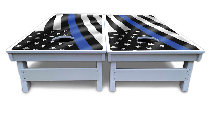 Waterproof - B&W Wavy Flag Design Options - All Weather Boards "Outdoor Solution" 18mm(3/4")Direct UV Printed - Regulation 2' by 4' Cornhole Boards (Set of 2 Boards) Double Thick Legs, with Leg Brace & Dual Support Braces!