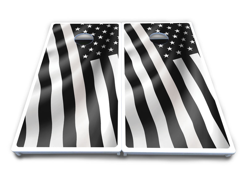 Waterproof - B&W Wavy Flag Design Options - All Weather Boards "Outdoor Solution" 18mm(3/4")Direct UV Printed - Regulation 2' by 4' Cornhole Boards (Set of 2 Boards) Double Thick Legs, with Leg Brace & Dual Support Braces!