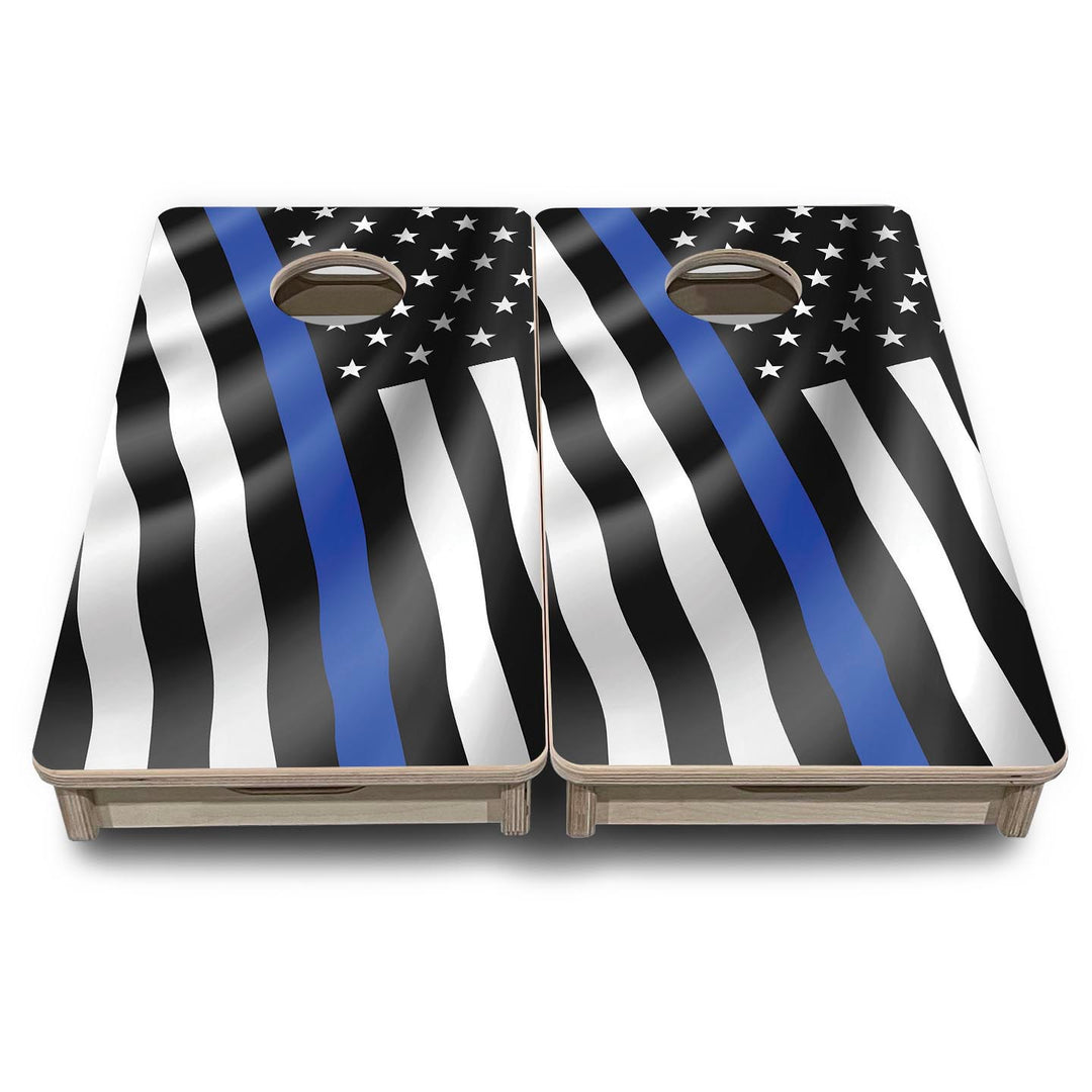B&W Blue Line Wavy Flag - Mini or Vacation Size Cornhole Boards