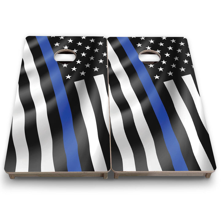 B&W Blue Line Wavy Flag - Mini or Vacation Size Cornhole Boards