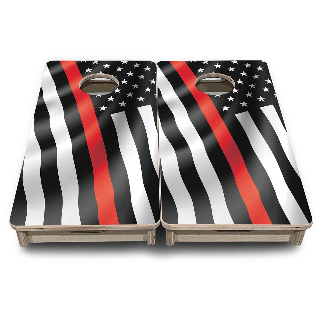 B&W Red Line Wavy Flag - Mini or Vacation Size Cornhole Boards