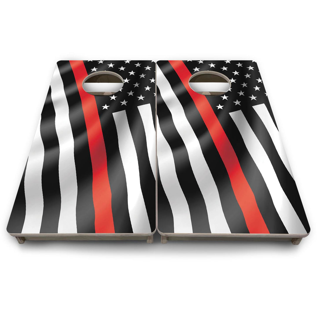 B&W Red Line Wavy Flag - Mini or Vacation Size Cornhole Boards