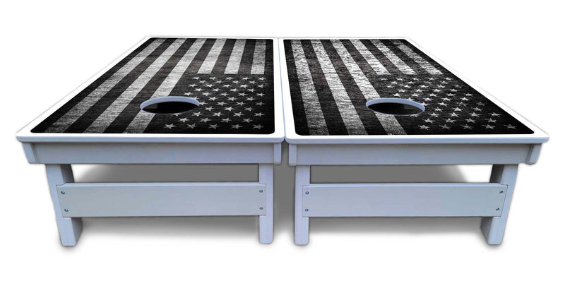 Waterproof - Monochrome Flag - All Weather Boards "Outdoor Solution" 18mm(3/4")Direct UV Printed - Regulation 2' by 4' Cornhole Boards (Set of 2 Boards) Double Thick Legs, with Leg Brace & Dual Support Braces!