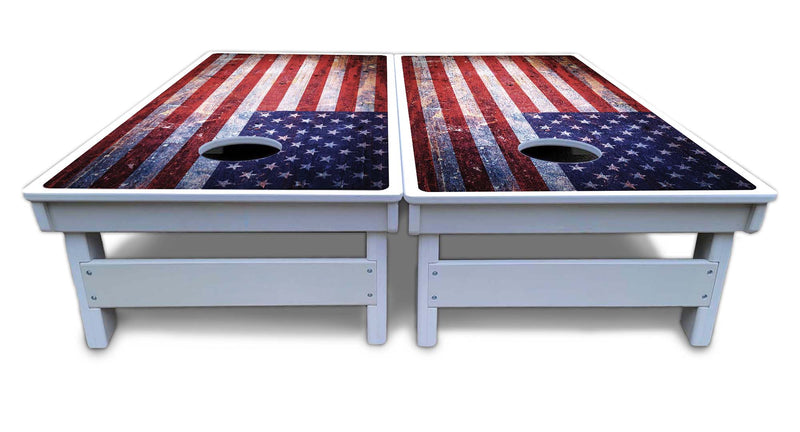 Waterproof - Weathered Flag - All Weather Boards "Outdoor Solution" 18mm(3/4")Direct UV Printed - Regulation 2' by 4' Cornhole Boards (Set of 2 Boards) Double Thick Legs, with Leg Brace & Dual Support Braces!