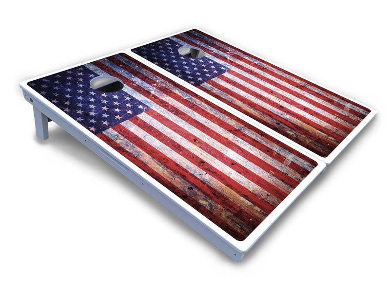 Waterproof - Weathered Flag - All Weather Boards "Outdoor Solution" 18mm(3/4")Direct UV Printed - Regulation 2' by 4' Cornhole Boards (Set of 2 Boards) Double Thick Legs, with Leg Brace & Dual Support Braces!