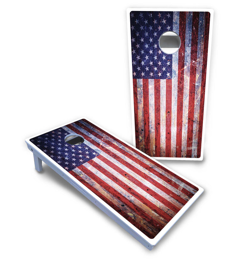 Waterproof - Weathered Flag - All Weather Boards "Outdoor Solution" 18mm(3/4")Direct UV Printed - Regulation 2' by 4' Cornhole Boards (Set of 2 Boards) Double Thick Legs, with Leg Brace & Dual Support Braces!