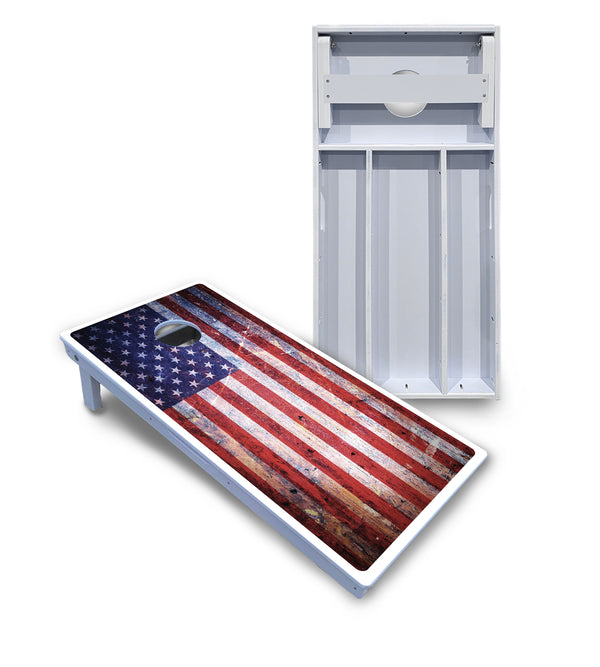 Waterproof - Weathered Flag - All Weather Boards "Outdoor Solution" 18mm(3/4")Direct UV Printed - Regulation 2' by 4' Cornhole Boards (Set of 2 Boards) Double Thick Legs, with Leg Brace & Dual Support Braces!