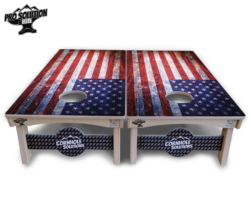 Pro Solution Elite - Weathered Flag - Professional Tournament Cornhole Boards 3/4" Baltic Birch - Zero Bounce Zero Movement Vertical Interlocking Braces for Extra Weight & Stability +Double Thick Legs +Airmail Blocker