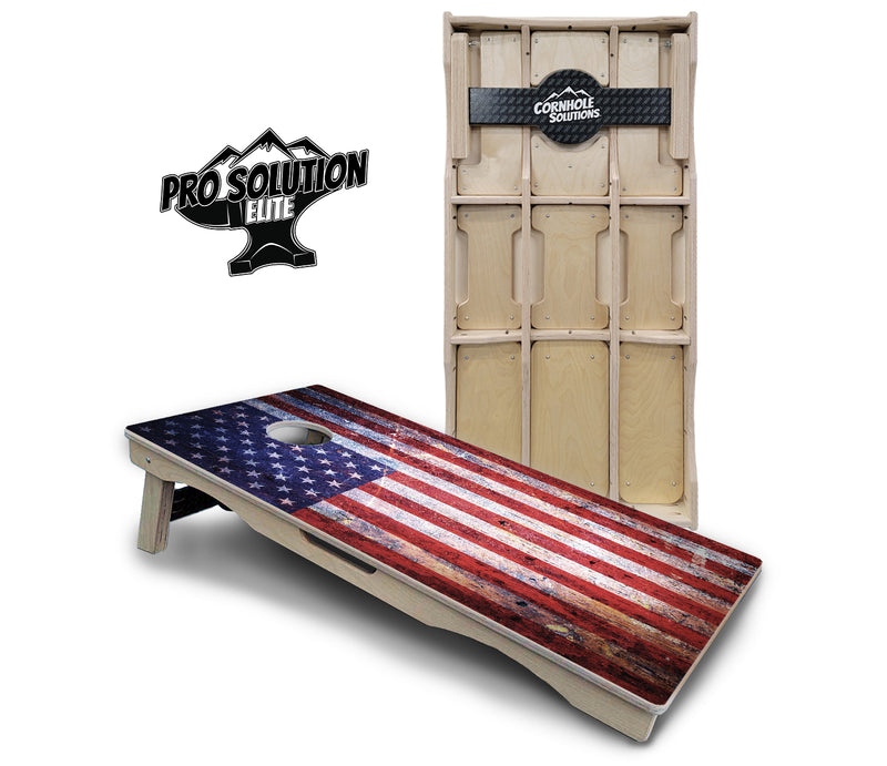 Pro Solution Elite - Weathered Flag - Professional Tournament Cornhole Boards 3/4" Baltic Birch - Zero Bounce Zero Movement Vertical Interlocking Braces for Extra Weight & Stability +Double Thick Legs +Airmail Blocker