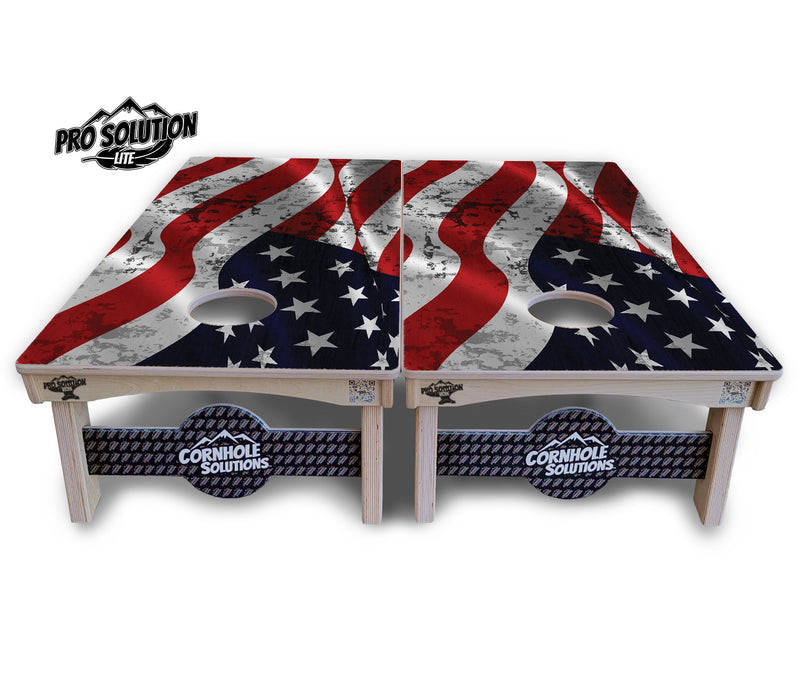 Pro Solution Lite - USA Wavy Flag Design - Professional Tournament Cornhole Boards 3/4" Baltic Birch - Zero Bounce Zero Movement Vertical Interlocking Braces for Extra Weight & Stability +Double Thick Legs +Airmail Blocker