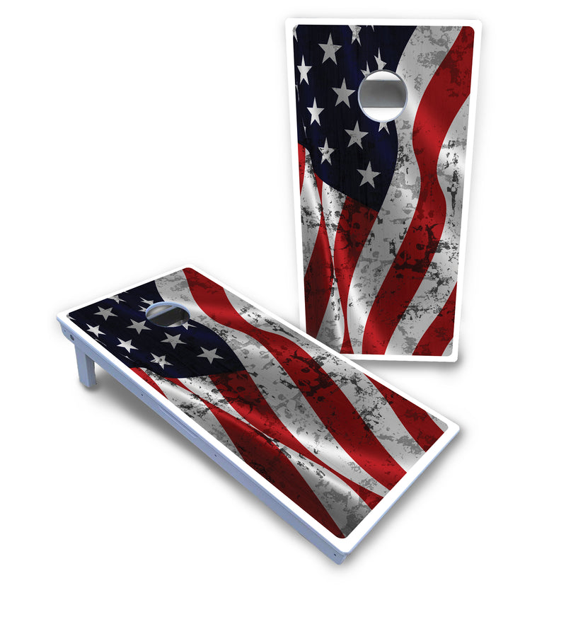 Waterproof - Wavy Distressed Flag Design - All Weather Boards "Outdoor Solution" 18mm(3/4")Direct UV Printed - Regulation 2' by 4' Cornhole Boards (Set of 2 Boards) Double Thick Legs, with Leg Brace & Dual Support Braces!