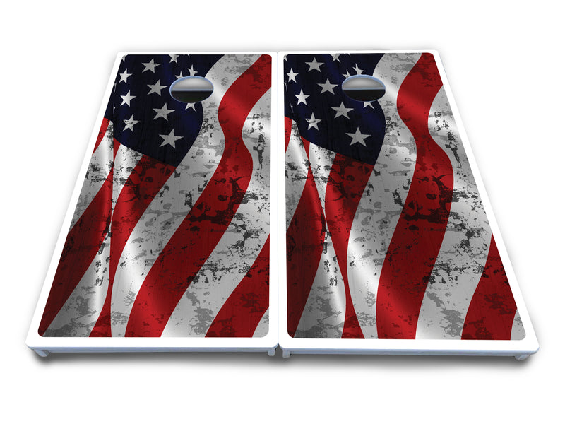 Waterproof - Wavy Distressed Flag Design - All Weather Boards "Outdoor Solution" 18mm(3/4")Direct UV Printed - Regulation 2' by 4' Cornhole Boards (Set of 2 Boards) Double Thick Legs, with Leg Brace & Dual Support Braces!