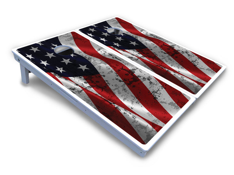 Waterproof - Wavy Distressed Flag Design - All Weather Boards "Outdoor Solution" 18mm(3/4")Direct UV Printed - Regulation 2' by 4' Cornhole Boards (Set of 2 Boards) Double Thick Legs, with Leg Brace & Dual Support Braces!