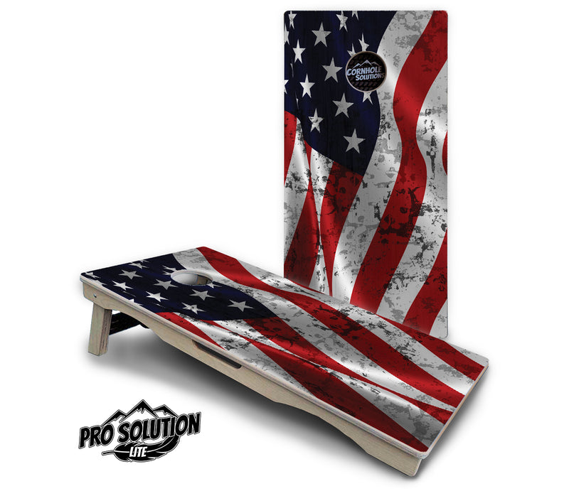 Pro Solution Lite - USA Wavy Flag Design - Professional Tournament Cornhole Boards 3/4" Baltic Birch - Zero Bounce Zero Movement Vertical Interlocking Braces for Extra Weight & Stability +Double Thick Legs +Airmail Blocker