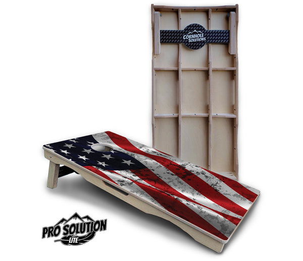 Pro Solution Lite - USA Wavy Flag Design - Professional Tournament Cornhole Boards 3/4" Baltic Birch - Zero Bounce Zero Movement Vertical Interlocking Braces for Extra Weight & Stability +Double Thick Legs +Airmail Blocker