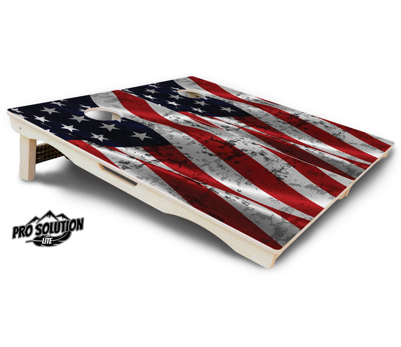 Pro Solution Lite - USA Wavy Flag Design - Professional Tournament Cornhole Boards 3/4" Baltic Birch - Zero Bounce Zero Movement Vertical Interlocking Braces for Extra Weight & Stability +Double Thick Legs +Airmail Blocker