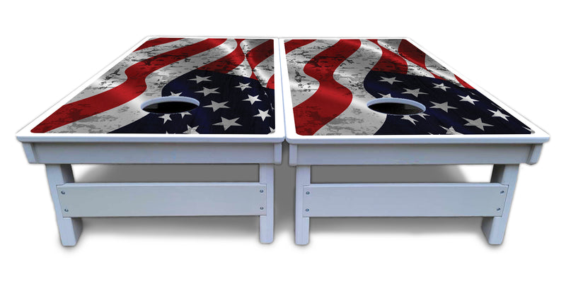 Waterproof - Wavy Distressed Flag Design - All Weather Boards "Outdoor Solution" 18mm(3/4")Direct UV Printed - Regulation 2' by 4' Cornhole Boards (Set of 2 Boards) Double Thick Legs, with Leg Brace & Dual Support Braces!