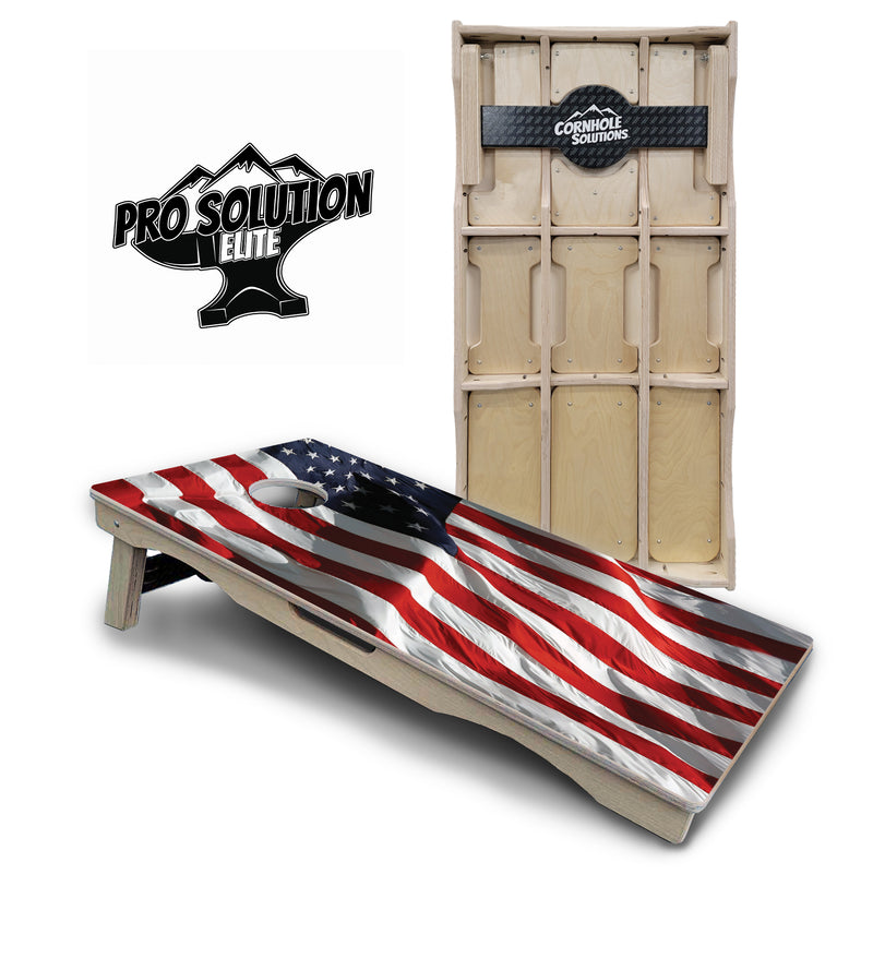 Pro Solution Elite - Waving Flag - Professional Tournament Cornhole Boards 3/4" Baltic Birch - Zero Bounce Zero Movement Vertical Interlocking Braces for Extra Weight & Stability +Double Thick Legs +Airmail Blocker