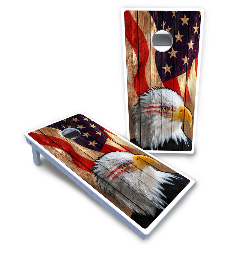 Waterproof - Wooden Eagle Design - All Weather Boards "Outdoor Solution" 18mm(3/4")Direct UV Printed - Regulation 2' by 4' Cornhole Boards (Set of 2 Boards) Double Thick Legs, with Leg Brace & Dual Support Braces!