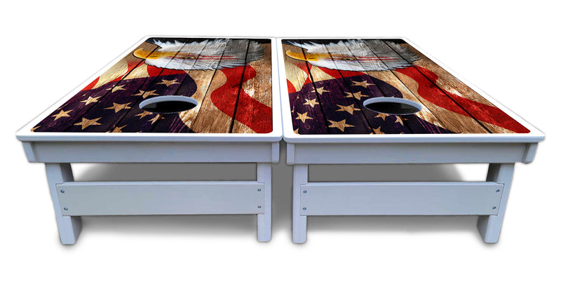 Waterproof - Wooden Eagle Design - All Weather Boards "Outdoor Solution" 18mm(3/4")Direct UV Printed - Regulation 2' by 4' Cornhole Boards (Set of 2 Boards) Double Thick Legs, with Leg Brace & Dual Support Braces!