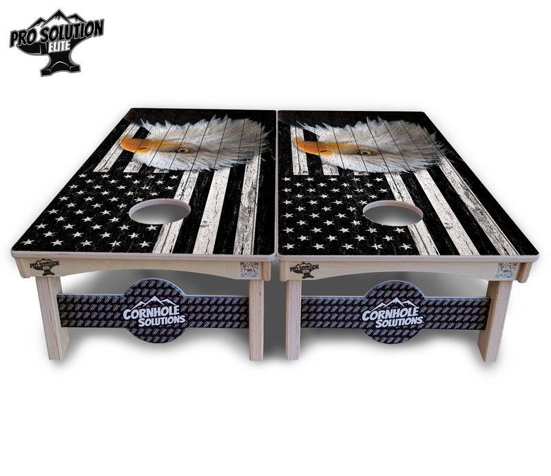 Pro Solution Elite - Black & White Eagle Flag - Professional Tournament Cornhole Boards 3/4" Baltic Birch - Zero Bounce Zero Movement Vertical Interlocking Braces for Extra Weight & Stability +Double Thick Legs +Airmail Blocker