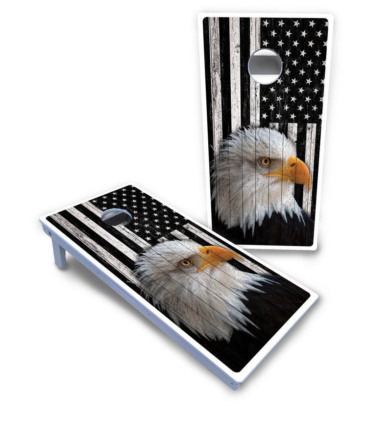 Waterproof - Black & White Eagle Flag - All Weather Boards "Outdoor Solution" 18mm(3/4")Direct UV Printed - Regulation 2' by 4' Cornhole Boards (Set of 2 Boards) Double Thick Legs, with Leg Brace & Dual Support Braces!