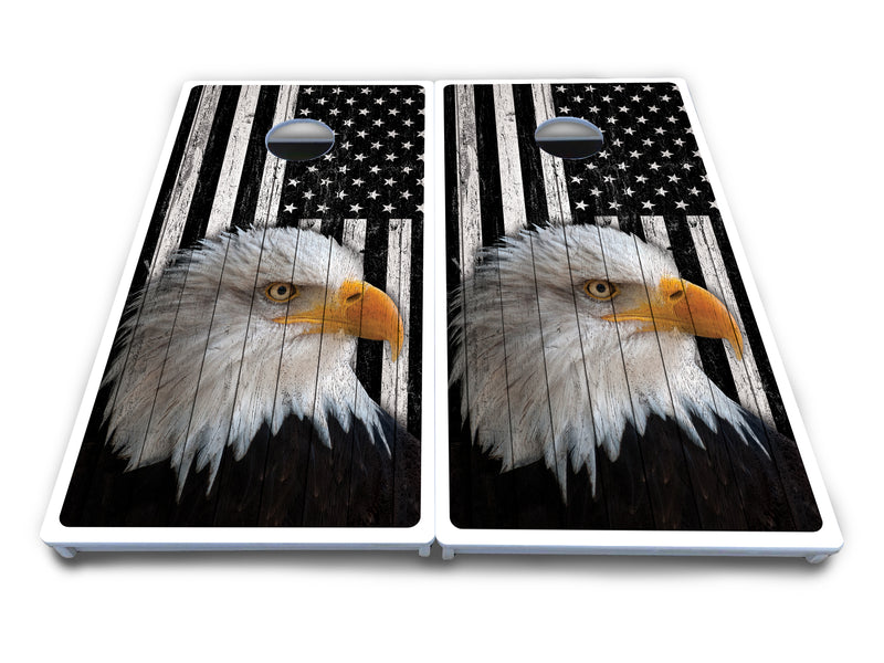 Waterproof - Black & White Eagle Flag - All Weather Boards "Outdoor Solution" 18mm(3/4")Direct UV Printed - Regulation 2' by 4' Cornhole Boards (Set of 2 Boards) Double Thick Legs, with Leg Brace & Dual Support Braces!