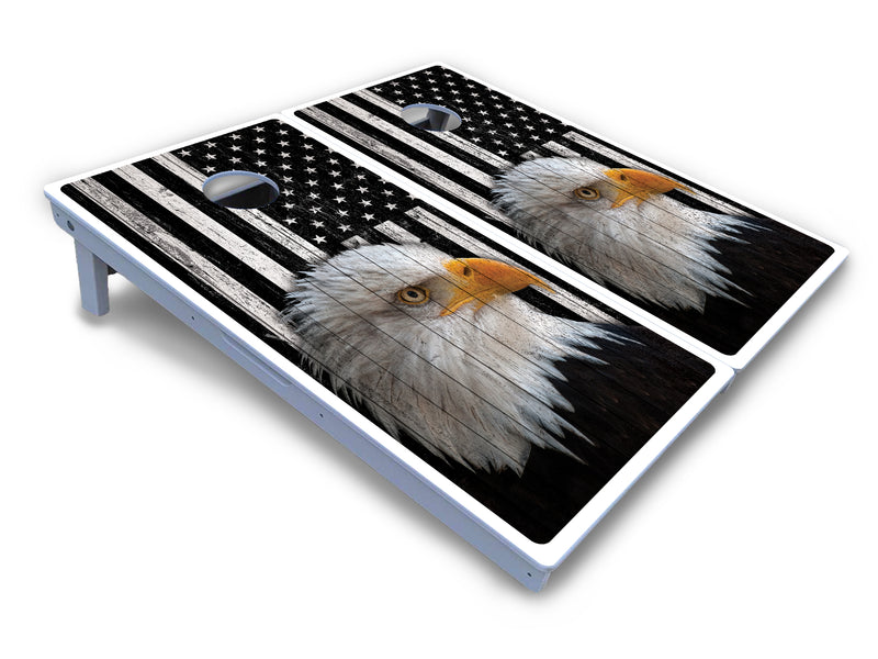 Waterproof - Black & White Eagle Flag - All Weather Boards "Outdoor Solution" 18mm(3/4")Direct UV Printed - Regulation 2' by 4' Cornhole Boards (Set of 2 Boards) Double Thick Legs, with Leg Brace & Dual Support Braces!