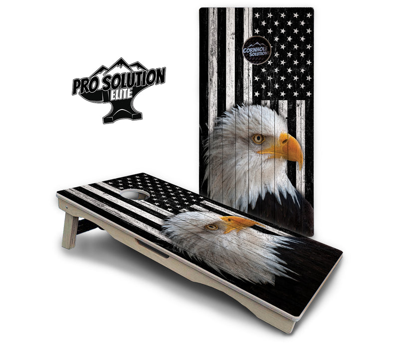 Pro Solution Elite - Black & White Eagle Flag - Professional Tournament Cornhole Boards 3/4" Baltic Birch - Zero Bounce Zero Movement Vertical Interlocking Braces for Extra Weight & Stability +Double Thick Legs +Airmail Blocker