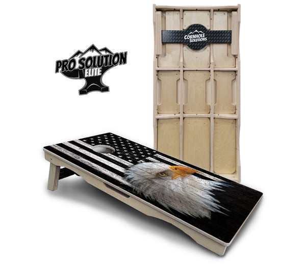 Pro Solution Elite - Black & White Eagle Flag - Professional Tournament Cornhole Boards 3/4" Baltic Birch - Zero Bounce Zero Movement Vertical Interlocking Braces for Extra Weight & Stability +Double Thick Legs +Airmail Blocker