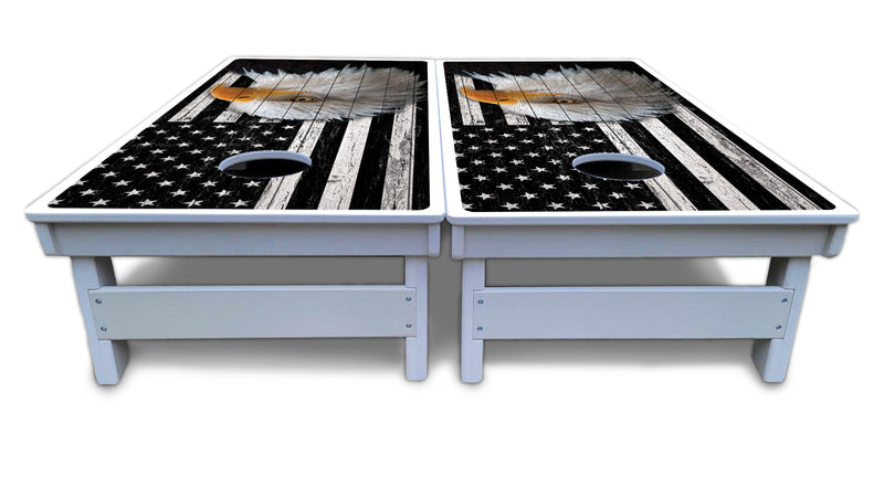 Waterproof - Black & White Eagle Flag - All Weather Boards "Outdoor Solution" 18mm(3/4")Direct UV Printed - Regulation 2' by 4' Cornhole Boards (Set of 2 Boards) Double Thick Legs, with Leg Brace & Dual Support Braces!