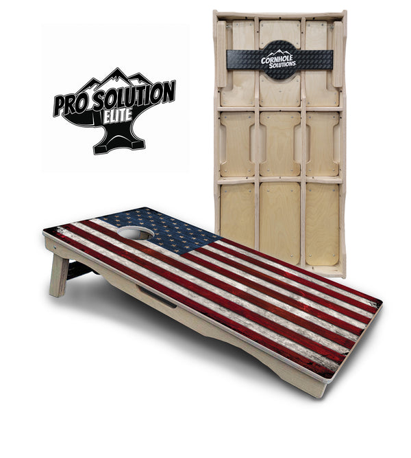 Pro Solution Elite - Rustic USA Flag - Professional Tournament Cornhole Boards 3/4" Baltic Birch - Zero Bounce Zero Movement Vertical Interlocking Braces for Extra Weight & Stability +Double Thick Legs +Airmail Blocker