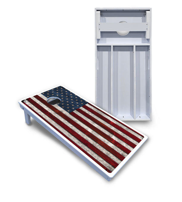 Waterproof - Rustic USA Flag - All Weather Boards "Outdoor Solution" 18mm(3/4")Direct UV Printed - Regulation 2' by 4' Cornhole Boards (Set of 2 Boards) Double Thick Legs, with Leg Brace & Dual Support Braces!