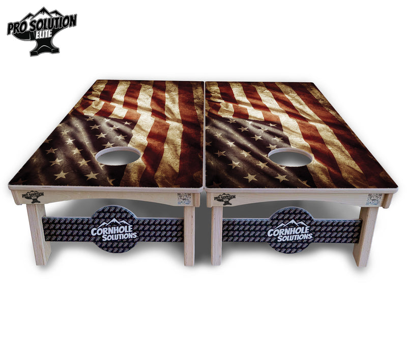 Pro Solution Elite - Rustic Wavy Flag - Professional Tournament Cornhole Boards 3/4" Baltic Birch - Zero Bounce Zero Movement Vertical Interlocking Braces for Extra Weight & Stability +Double Thick Legs +Airmail Blocker