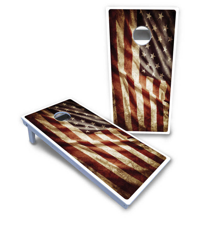 Waterproof - Rustic Wavy Flag - All Weather Boards "Outdoor Solution" 18mm(3/4")Direct UV Printed - Regulation 2' by 4' Cornhole Boards (Set of 2 Boards) Double Thick Legs, with Leg Brace & Dual Support Braces!