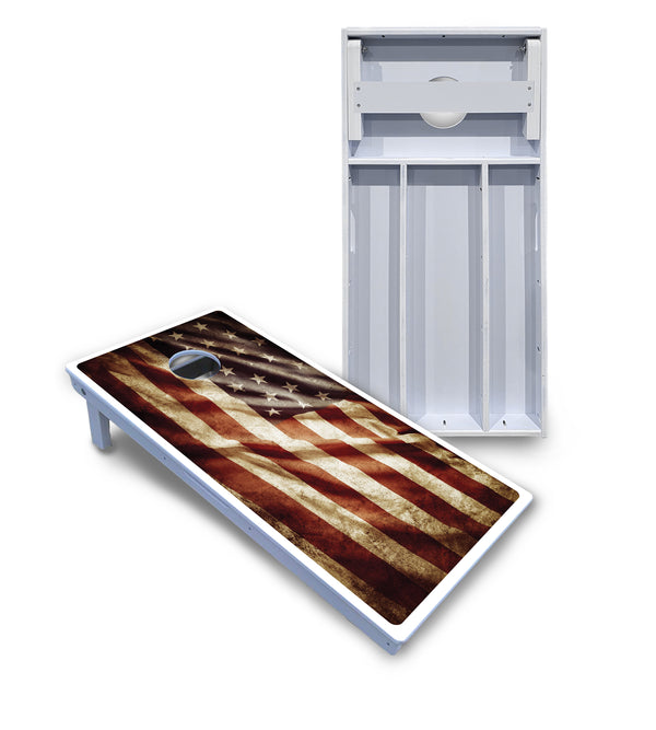 Waterproof - Rustic Wavy Flag - All Weather Boards "Outdoor Solution" 18mm(3/4")Direct UV Printed - Regulation 2' by 4' Cornhole Boards (Set of 2 Boards) Double Thick Legs, with Leg Brace & Dual Support Braces!