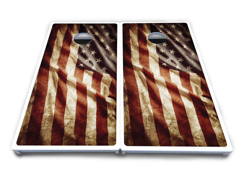 Waterproof - Rustic Wavy Flag - All Weather Boards "Outdoor Solution" 18mm(3/4")Direct UV Printed - Regulation 2' by 4' Cornhole Boards (Set of 2 Boards) Double Thick Legs, with Leg Brace & Dual Support Braces!