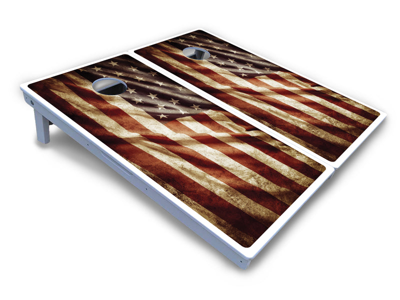 Waterproof - Rustic Wavy Flag - All Weather Boards "Outdoor Solution" 18mm(3/4")Direct UV Printed - Regulation 2' by 4' Cornhole Boards (Set of 2 Boards) Double Thick Legs, with Leg Brace & Dual Support Braces!