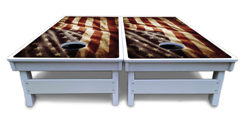 Waterproof - Rustic Wavy Flag - All Weather Boards "Outdoor Solution" 18mm(3/4")Direct UV Printed - Regulation 2' by 4' Cornhole Boards (Set of 2 Boards) Double Thick Legs, with Leg Brace & Dual Support Braces!