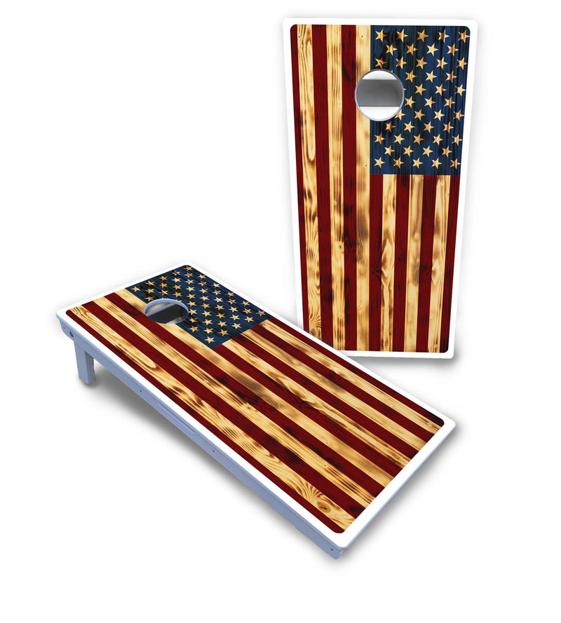 Waterproof - Burnt Colorful Rustic Flag - All Weather Boards "Outdoor Solution" 18mm(3/4")Direct UV Printed - Regulation 2' by 4' Cornhole Boards (Set of 2 Boards) Double Thick Legs, with Leg Brace & Dual Support Braces!