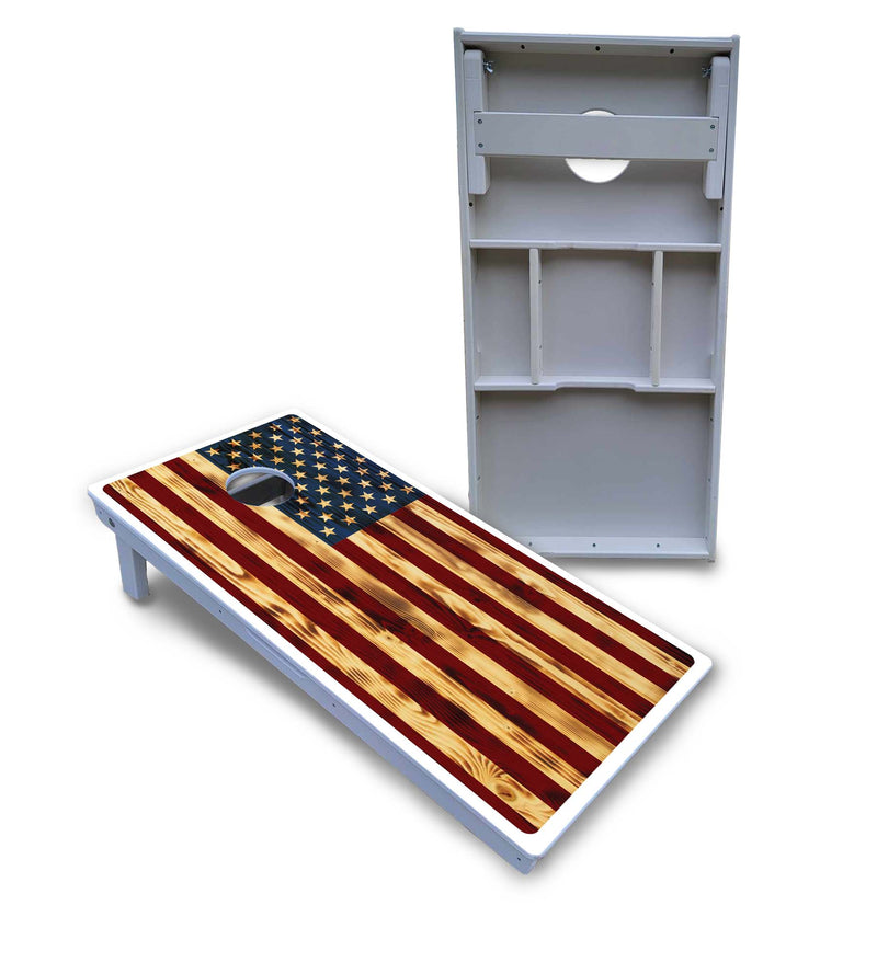 Waterproof - Burnt Colorful Rustic Flag - All Weather Boards "Outdoor Solution" 18mm(3/4")Direct UV Printed - Regulation 2' by 4' Cornhole Boards (Set of 2 Boards) Double Thick Legs, with Leg Brace & Dual Support Braces!