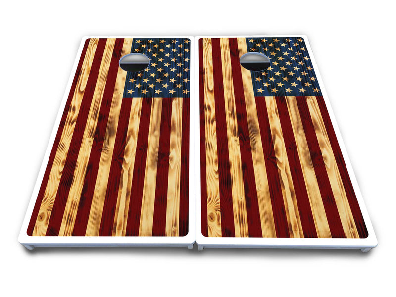 Waterproof - Burnt Colorful Rustic Flag - All Weather Boards "Outdoor Solution" 18mm(3/4")Direct UV Printed - Regulation 2' by 4' Cornhole Boards (Set of 2 Boards) Double Thick Legs, with Leg Brace & Dual Support Braces!