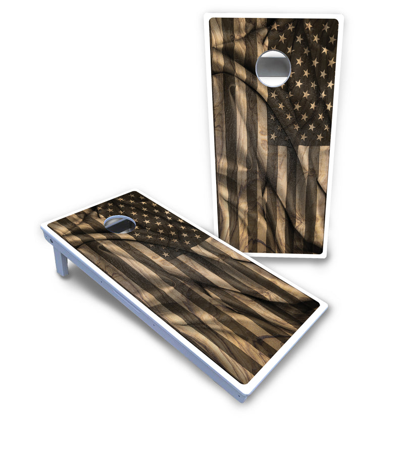 Waterproof - USA Wood Flag Design - All Weather Boards "Outdoor Solution" 18mm(3/4")Direct UV Printed - Regulation 2' by 4' Cornhole Boards (Set of 2 Boards) Double Thick Legs, with Leg Brace & Dual Support Braces!