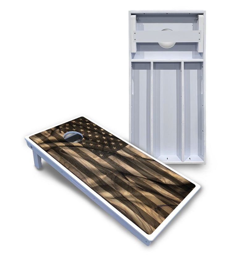 Waterproof - USA Wood Flag Design - All Weather Boards "Outdoor Solution" 18mm(3/4")Direct UV Printed - Regulation 2' by 4' Cornhole Boards (Set of 2 Boards) Double Thick Legs, with Leg Brace & Dual Support Braces!