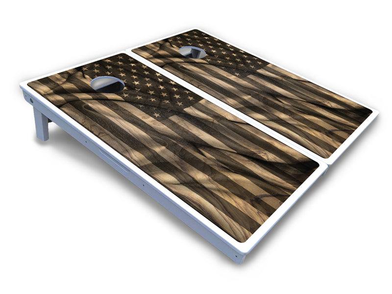 Waterproof - USA Wood Flag Design - All Weather Boards "Outdoor Solution" 18mm(3/4")Direct UV Printed - Regulation 2' by 4' Cornhole Boards (Set of 2 Boards) Double Thick Legs, with Leg Brace & Dual Support Braces!